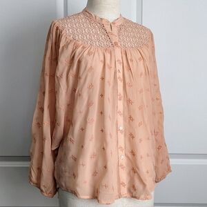 Lucky Brand Blouse Embroidered Semi-Sheer Lace Button Front Rose Tan S/M NWT